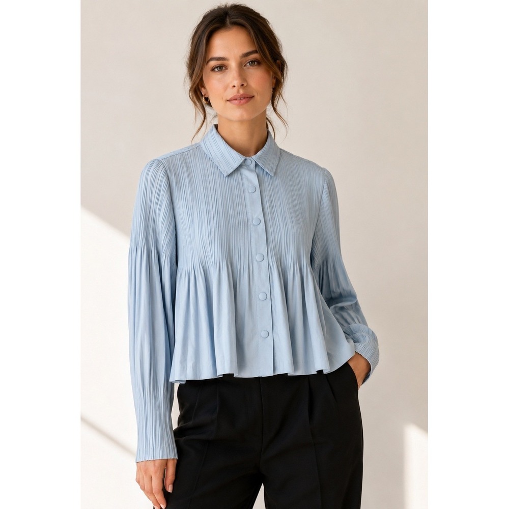 Current Air Pleated Blouse Women Small Blue Snap Front Quiet Luxury Preppy